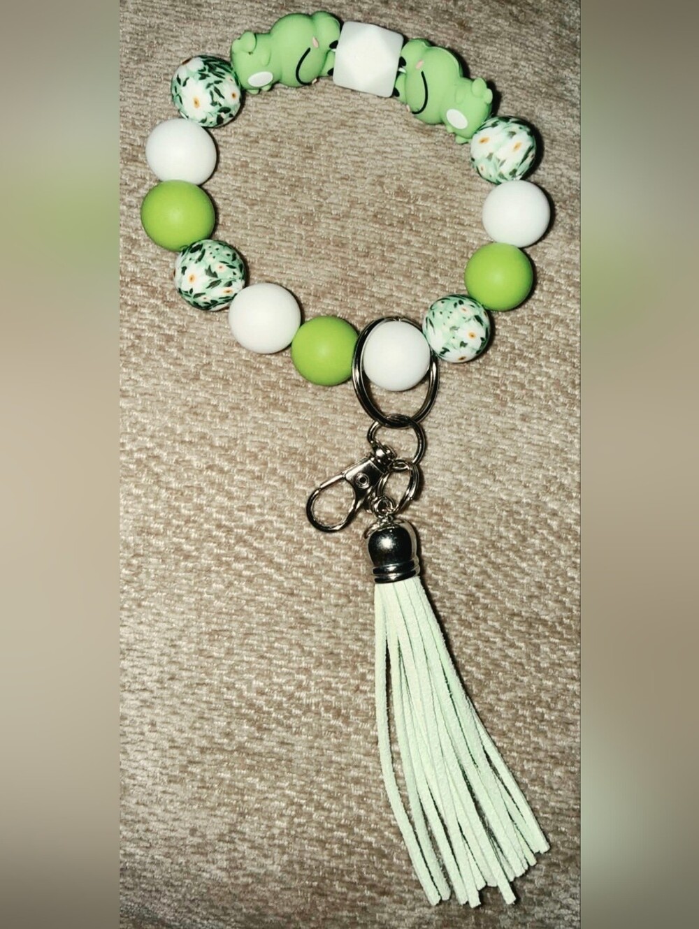 Green & White Beaded Tassel Wrist Keyring